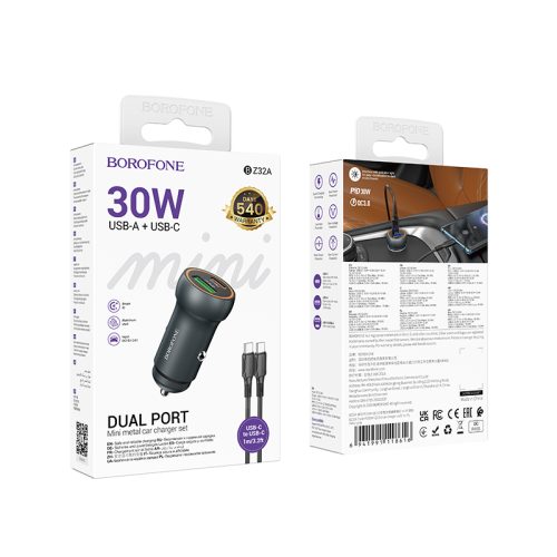 Зарядно 12/24V Borofone с USB-A и USB-C порт, QC3.0, PD 30W, 3A  с кабел USB-C към USB-C - Image 5