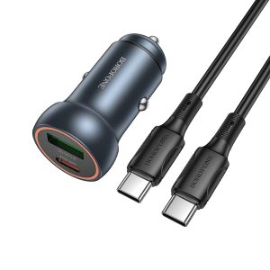 Зарядно 12/24V Borofone с USB-A и USB-C порт, QC3.0, PD 30W, 3A  с кабел USB-C към USB-C